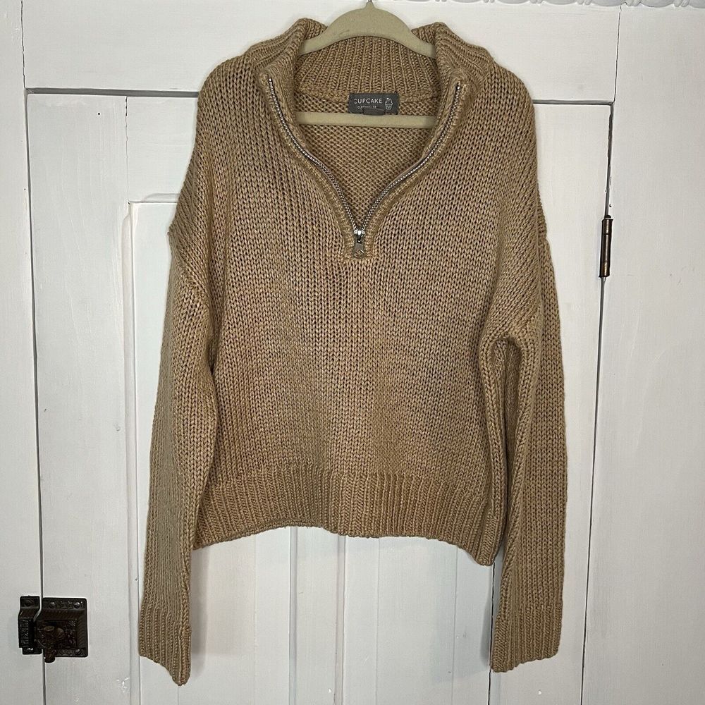 Cupcake Girls Youth Size 7 Tan Brown Knit Sweater 1/2 Zip Pullover Fall Shirt